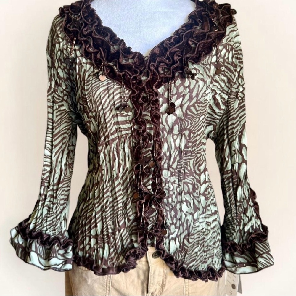 NWT | Y2K Beaded Ruffle Blouse | Olive Brown Abstract Animal Print | Size Large